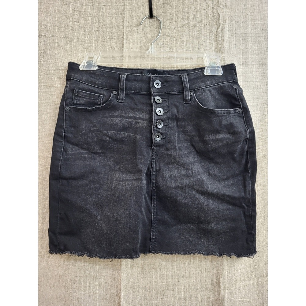 Kendall + Kylie Black Denim Mini Skirt Button Fly Raw Hem Size 5/27